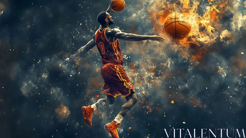 Explosive digital portrait of airborne basketball dunk motion.