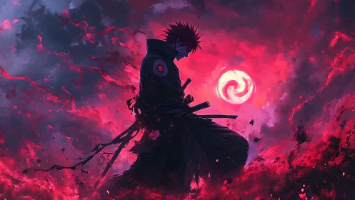 Crimson-lit warrior silhouette in swirling cosmic storm.