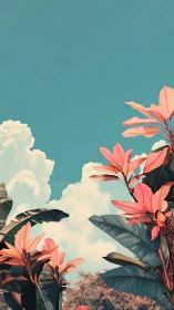 Tropical foliage reaches toward a calm teal summer sky