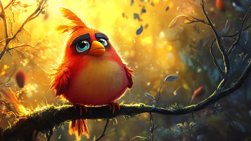 Cute Red Cartoon Bird on Forest Branch in Glowing Light.