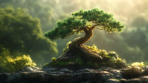 Bonsai tree stands on rocky ledge under soft backlighting