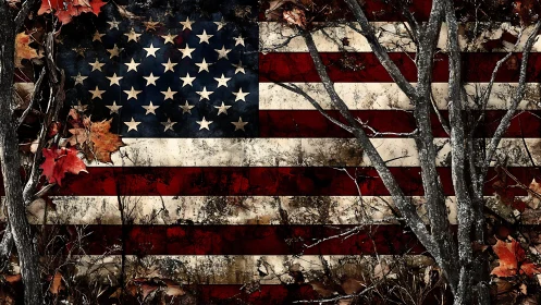 Weathered American flag quietly blends with autumn forest