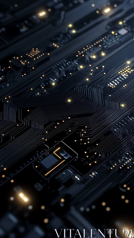 Dark circuit board macro with glowing data pathways.