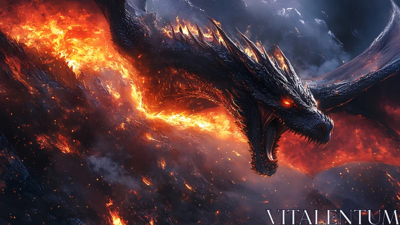 Fire-breathing obsidian dragon surges through a volcanic storm