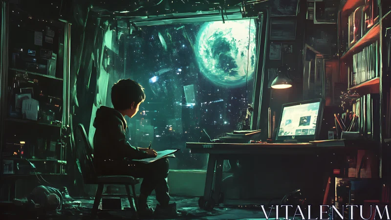 Moonlit child at digital workstation gazing into space.