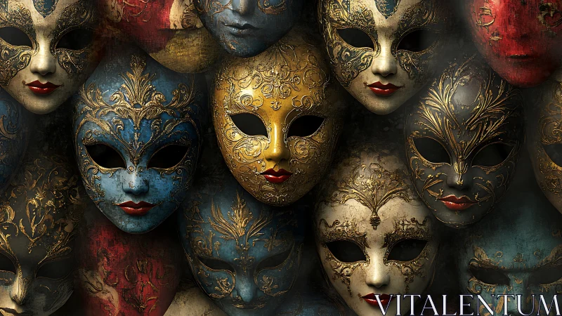 Baroque carnival masks cluster form ornate, watchful wall