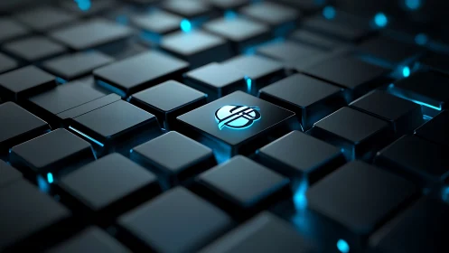 Isometric grid of square keys with central glowing symbol.