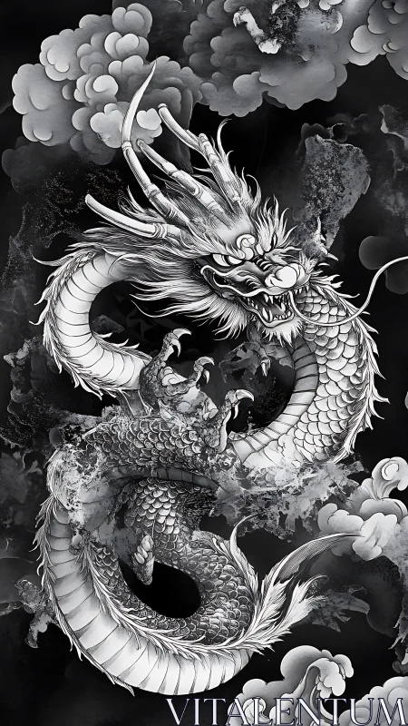 Monochrome oriental dragon with ink clouds in dynamic coil