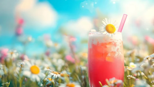 Pink Iced Beverage with Daisy and Straw in Flower Field.