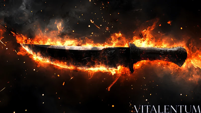 Knife engulfed in intense flames and burning embers against black background