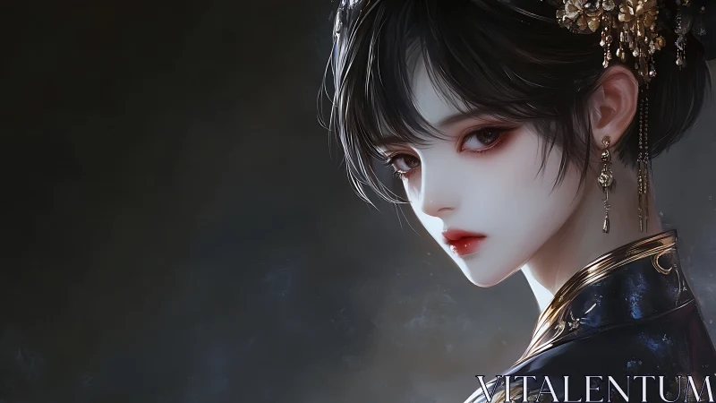 Regal digital portrait of pale woman in dark brocade.