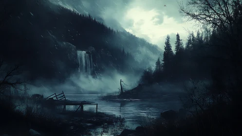 Moody mountain lake with waterfall and broken pier at dusk.