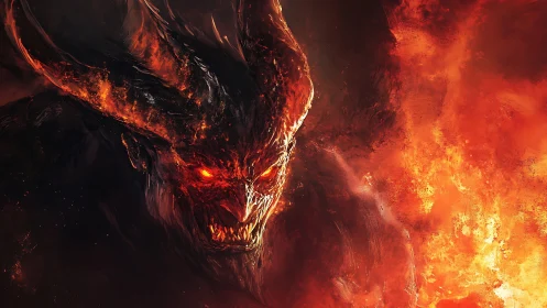 Infernal horned demon rendered in high-contrast digital fire