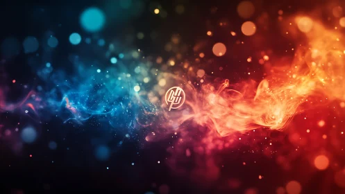 Glowing color stream swirling around a bold central emblem.