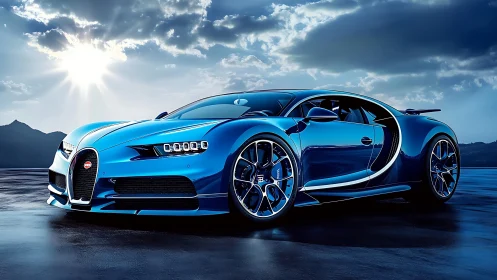 Electric blue hypercar reflects dramatic coastal sunset sky.