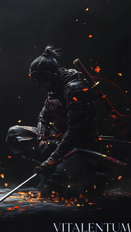 Kneeling ember-lit samurai poised in stormstill silence.