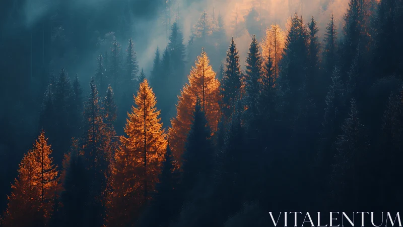 Coniferous forest with golden larch trees in atmospheric haze and light