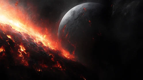 Molten exoplanet horizon with erupting lava flows in space