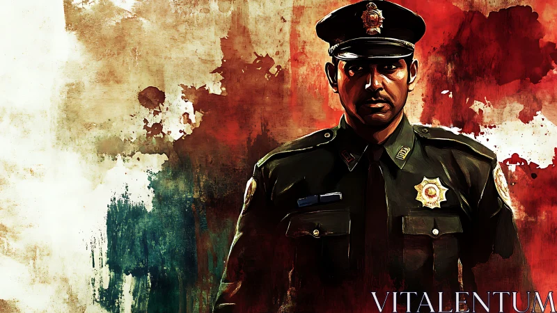 Police officer portrait against bold abstract backdrop.