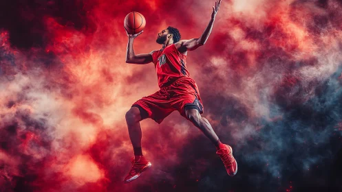 Dynamic basketball player leaping through red smoky sky.