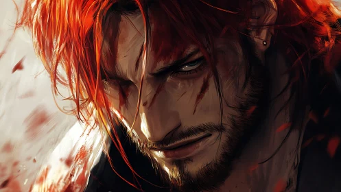 Battle-scarred red-haired warrior in intense close portrait.
