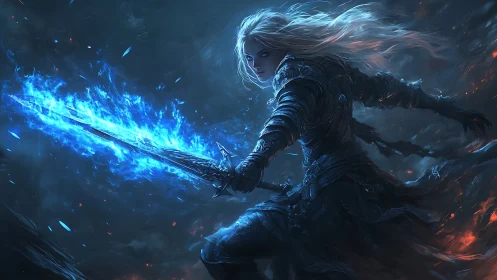 Armored figure wields blue energy sword in dark environment