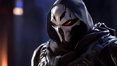 Cyborg assassin in hooded armor under moody studio light.