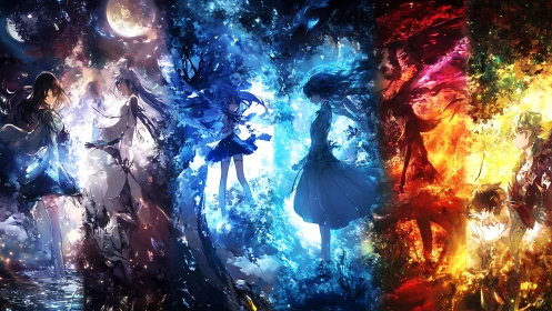 Four-panel anime composition with elemental color regions.