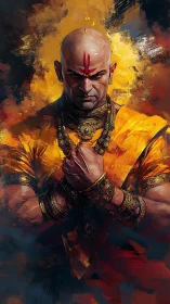 Fierce monk-warrior blazing in molten saffron and gold.