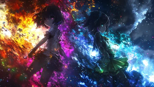 Starlit friends framed by swirling fire and gentle nebulae.