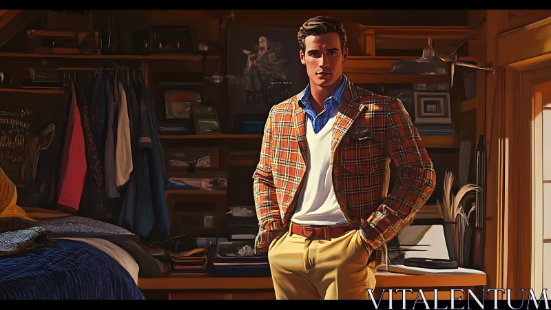 Dapper daydreamer in plaid jacket amid sunlit study calm.