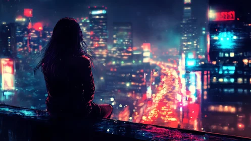 Solitary silhouette listens to neon citylights hum softly