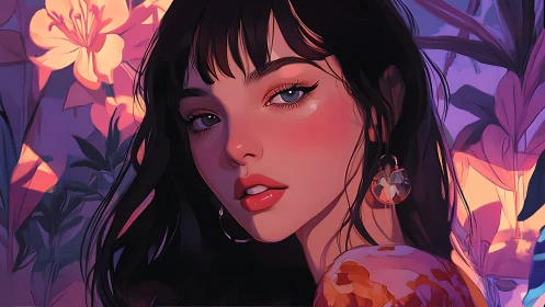 Gaze of a dreamlike girl glows amid neon floral twilight