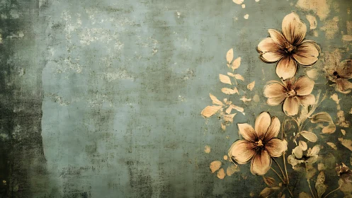 Vintage blossoms drift across distressed teal canvas background.