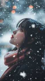 Profile view of young woman in snowfall at dusk outdoors.