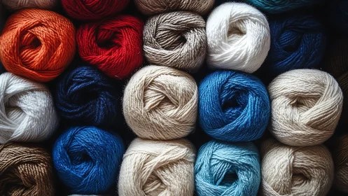 Colorful skeins of yarn stacked in neat horizontal rows.