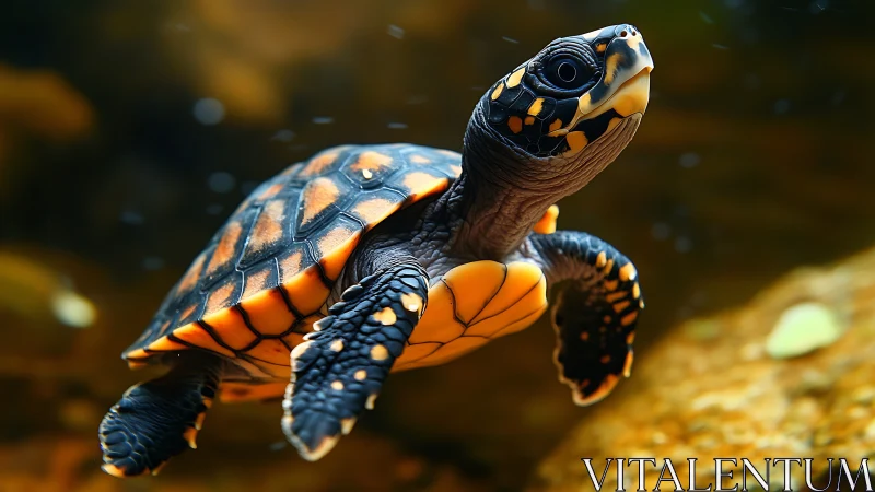 Curious baby turtle gliding gently through golden water.