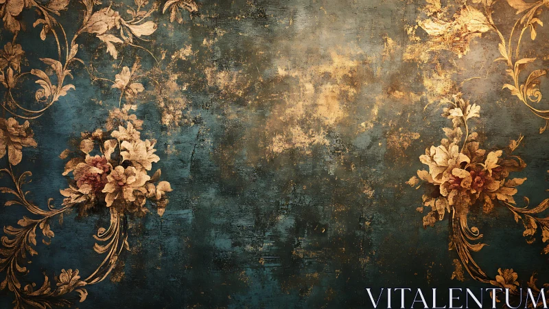 Aged baroque floral ornament over distressed teal ground