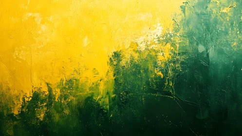 Abstract yellow and green textured painting with bold brushstrokes.