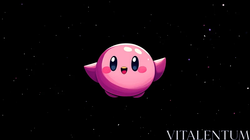 Pink spherical mascot character floating in stylized deep space