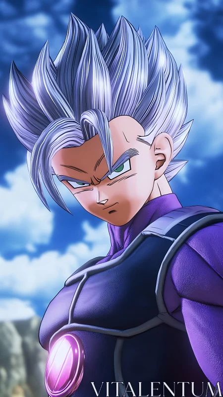 Purple-armored anime warrior channels intense sky-lit power.