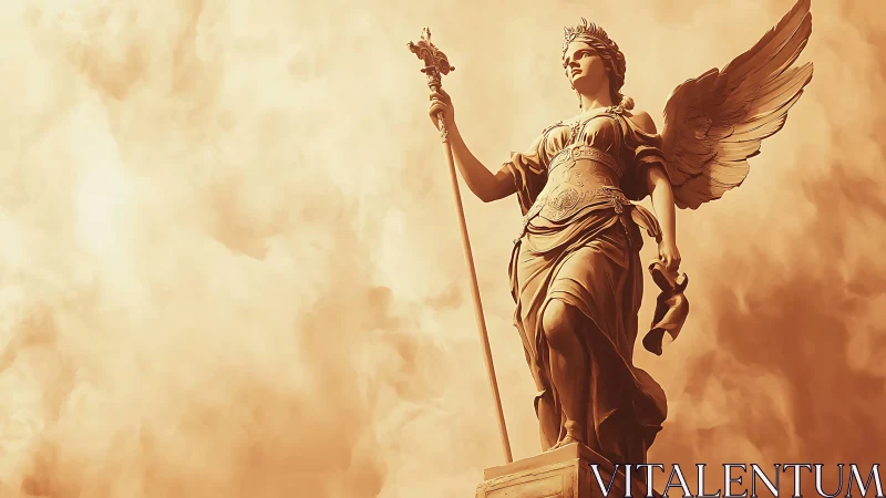 Winged female statue holding staff against clouded sky.