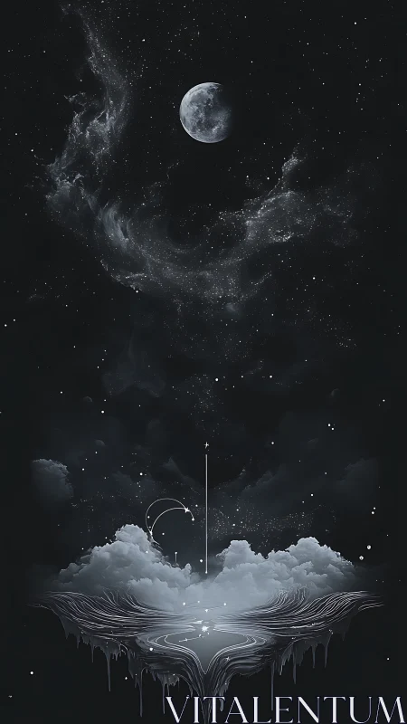 Monochrome lunar sky above abstract cloudborne portal