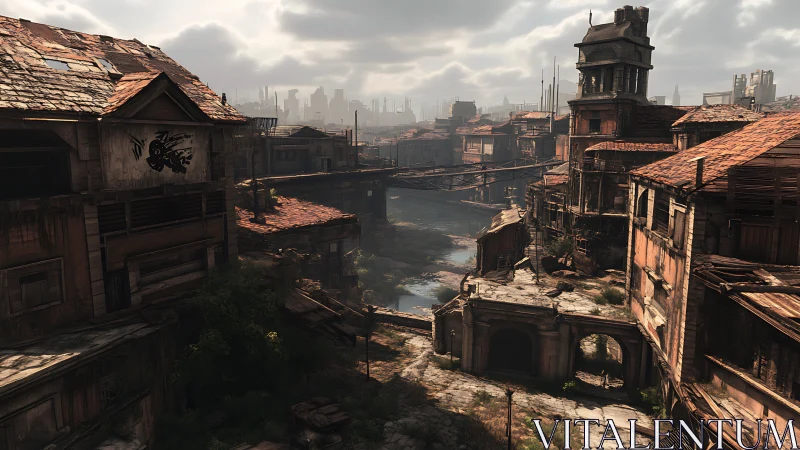 Post-apocalyptic canal slum rendered in detailed concept art