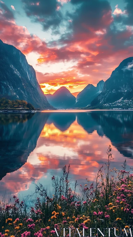 Symmetrical fjord landscape captures saturated sunset reflectance