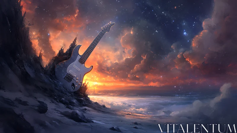 Electric guitar rests in a cosmic seascape at burning dusk