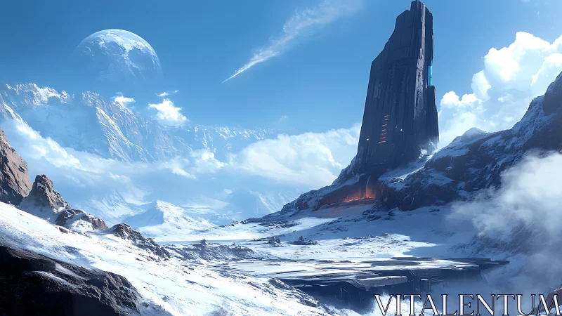 Futuristic monolith rising over frozen exoplanet valley.
