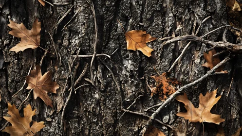 Dry oak leaves scattered on dark textured tree bark surface.