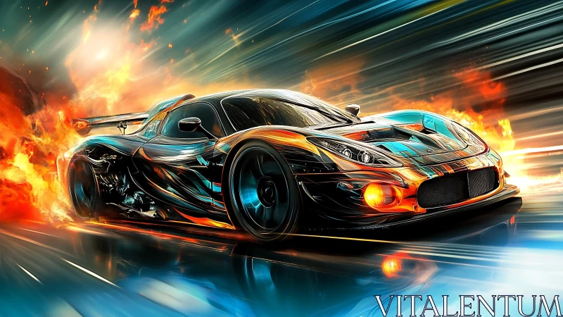 Fire-lit supercar racing through neon speed trails at night.