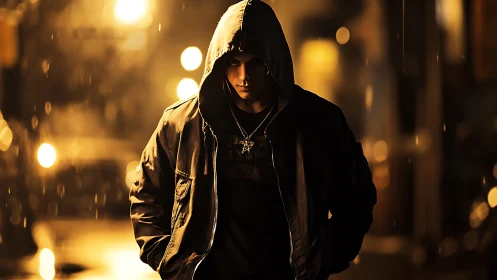 Hooded figure in dark urban street at night in rainfall.